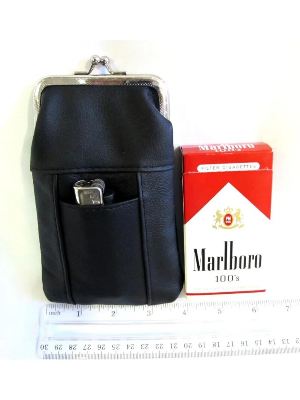 Genuine Leather Cigarette Case & Lighter Holder - Slim, Durable, Kiss Lock